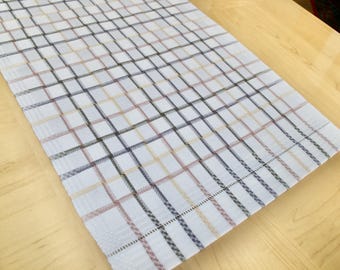 Handwoven, Hand Made, Cotton, Table Runner, White, Plaid, Satin Weave Blocks, Canadian Made