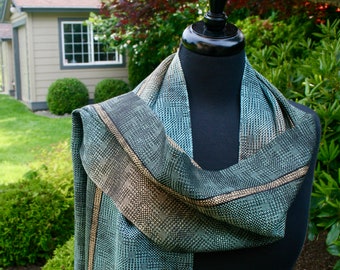 Handwoven, Ladies Scarf, Tencel, Wave Design, Painted Threads, Black, Soft Gold, Mineral Green,