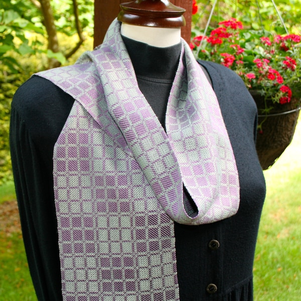 SALE,  Hand woven, Hand made, Ladies Scarf, Purple,  Silk, Mint Green Bamboo, Geometric Boxes, OOAK