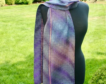 Handwoven, Ladies Scarf, Tencel, Wave Design, Painted Threads, Purple,  Soft Gold, Mineral Green,