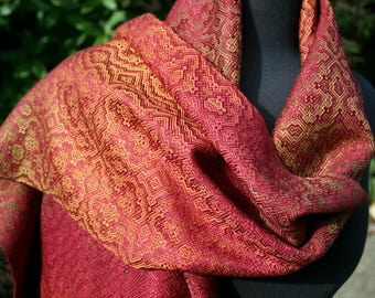 Ladies Scarf, Autumn Colours, Burgundy, Baroque Pattern, Cotton, Tencel, OOAK, Elegant, Canadian Made