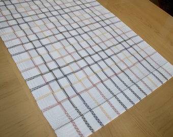 Handwoven, Hand Made, Cotton, Table Runner, White, Plaid, Satin Weave Blocks