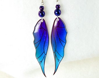 Blue and purple fairy wing earrings - blue shimmer wings - colorful fantasy Fae earrings - hypoallergenic titanium ear wires