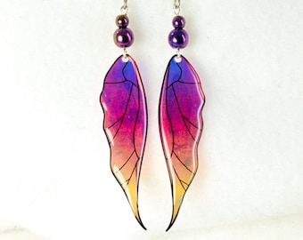 Sunset shimmer fairy wing earrings - pink, purple and orange wings - shimmering fantasy earrings - hypoallergenic titanium earwires