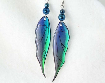 Green and blue shimmer fairy wing earrings - fantasy scarab wings - iridescent fantasy earrings - hypoallergenic titanium ear wires