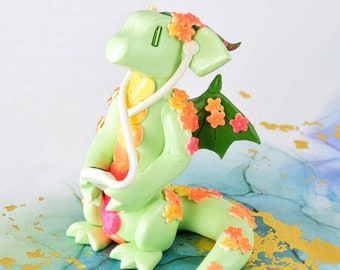 Light green flower iPod dragon - pale green dragon with earbuds - cute handmade dragon figure - fantasy sculpture - pink and orange flowers