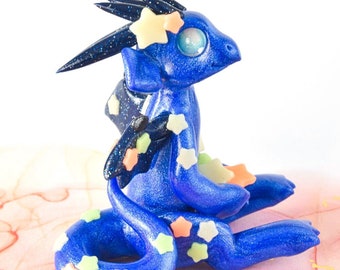 Blue glow-in-the-dark star dragon - sitting blue dragon covered in glowing stars - cute handmade dragon figurine - fantasy sculpture