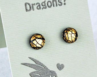 Black and Gold Crackle Stud Earrings: 7mm Titanium Posts, Hypoallergenic, Polymer Clay Jewelry