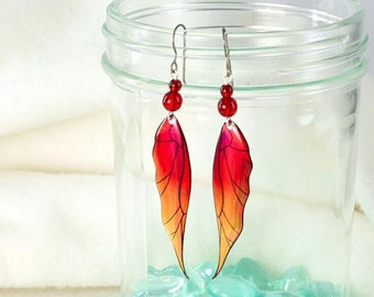 Fiery red shimmer fairy wing earrings - fantasy fire-colored wings - iridescent fantasy earrings - hypoallergenic titanium ear wires