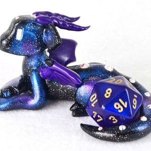 Galaxy dice holder dragon figurine d20 die guardian star and space themed polymer clay dragon figurine Dungeons and Dragons DnD Purple accents