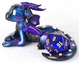 Galaxy dice holder dragon figurine - d20 die guardian - star and space themed polymer clay dragon figurine - Dungeons and Dragons - DnD