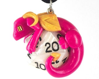 Pink and gold dragon d20 necklace, cute magenta baby dragon pendant, polymer clay dragon necklace, white dice jewelry, geeky Christmas gift