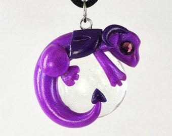 Purple dragon glass gem pendant - clay and glass necklace - miniature polymer clay dragon necklace - cute baby dragon jewelry - Xmas arrival