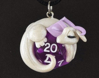 White and purple dragon d20 necklace, pearl and lavender sleeping baby dragon pendant, polymer clay dragon necklace, purple dice jewelry