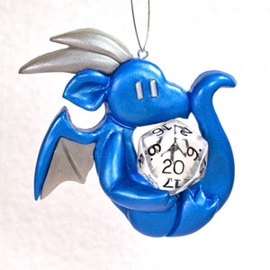 Dragon holding a d20 geeky Christmas ornament colorful dragon hanging ornament cute dice ornament Dungeons and Dragons DnD image 1