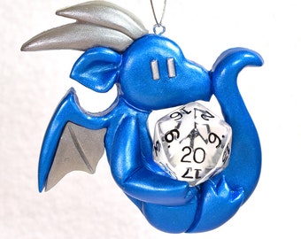 Dragon holding a d20 - geeky Christmas ornament - colorful dragon hanging ornament - cute dice ornament - Dungeons and Dragons - DnD