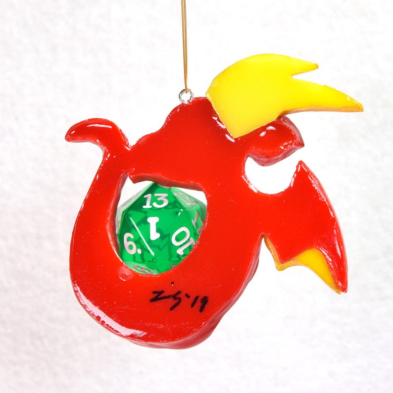 Dragon holding a d20 geeky Christmas ornament colorful dragon hanging ornament cute dice ornament Dungeons and Dragons DnD image 2