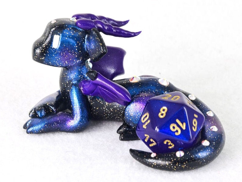 Galaxy dice holder dragon figurine d20 die guardian star and space themed polymer clay dragon figurine Dungeons and Dragons DnD Purple accents