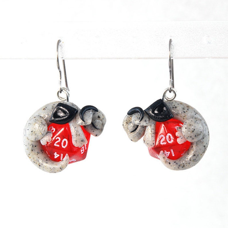 Baby dice dragon earrings, design your own dragon earrings, pick your colors, d20 jewelry, Dungeons and Dragons, DnD, polymer clay jewelry image 1