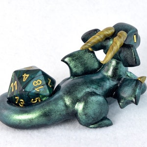Green dice dragon figurine, metallic green dragon d20 holder, Dungeons and Dragons, Magic: The Gathering, MtG, polymer clay dragon sculpture image 4