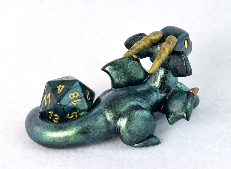 Green dice dragon figurine, metallic green dragon d20 holder, Dungeons and Dragons, Magic: The Gathering, MtG, polymer clay dragon sculpture image 4