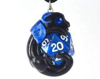 Black and blue dragon d20 necklace, cute baby dragon pendant, polymer clay dragon necklace, blue dice jewelry, geeky Christmas gift