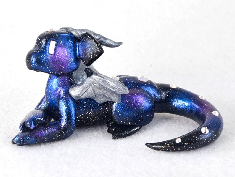 Galaxy dice holder dragon figurine d20 die guardian star and space themed polymer clay dragon figurine Dungeons and Dragons DnD Silver accents