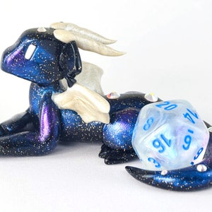 Galaxy dice holder dragon figurine d20 die guardian star and space themed polymer clay dragon figurine Dungeons and Dragons DnD White Pearl accents