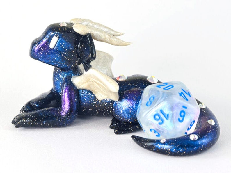 Galaxy dice holder dragon figurine d20 die guardian star and space themed polymer clay dragon figurine Dungeons and Dragons DnD White Pearl accents