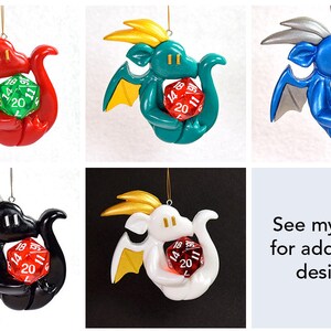 Dragon holding a d20 geeky Christmas ornament colorful dragon hanging ornament cute dice ornament Dungeons and Dragons DnD 画像 4