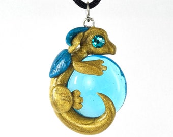 Antique gold and teal dragon pendant - glass gem necklace - miniature polymer clay dragon necklace - cute baby dragon jewelry - Xmas arrival