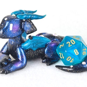 Galaxy dice holder dragon figurine d20 die guardian star and space themed polymer clay dragon figurine Dungeons and Dragons DnD Teal Pearl accents