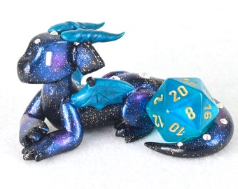 Galaxy dice holder dragon figurine - d20 die guardian - star and space themed polymer clay dragon figurine - Dungeons and Dragons - DnD
