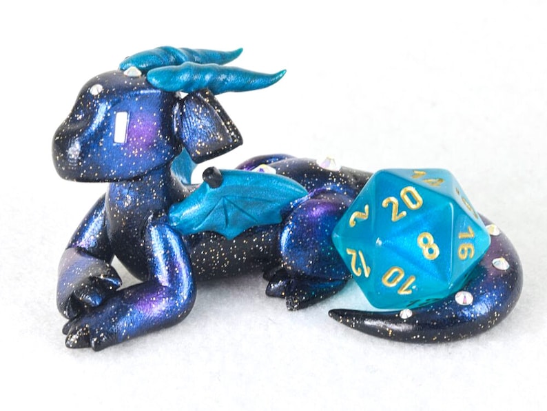 Galaxy dice holder dragon figurine d20 die guardian star and space themed polymer clay dragon figurine Dungeons and Dragons DnD Teal Pearl accents
