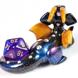 Galaxy dice holder dragon figurine d20 die guardian star and space themed polymer clay dragon figurine Dungeons and Dragons DnD Gold accents