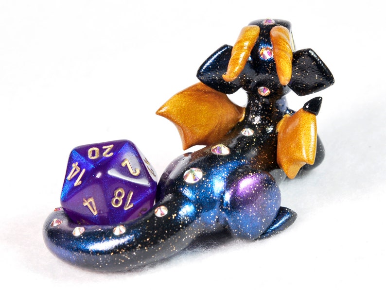 Galaxy dice holder dragon figurine d20 die guardian star and space themed polymer clay dragon figurine Dungeons and Dragons DnD image 5