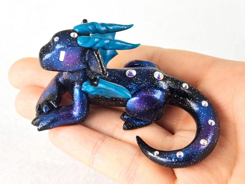 Galaxy dice holder dragon figurine d20 die guardian star and space themed polymer clay dragon figurine Dungeons and Dragons DnD image 6