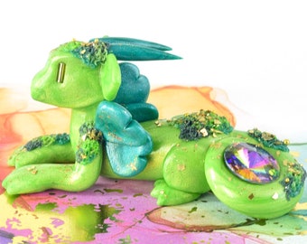 Bright green moss dragon - "end of the rainbow" gem dragon - cute handmade dragon figurine - fantasy sculpture - St Patrick's Day dragon