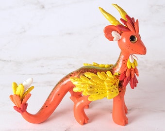 Friendly feathered baby dragon - orange dragon with yellow wings - cute handmade dragon figurine - fantasy sculpture