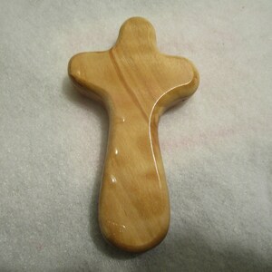 Holy Land Cross (Natural Olive Wood) from Bethlehem w/ Description Card and Felt Bag - New