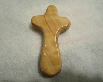 Holy Land Cross (Natural Olive Wood) from Bethlehem w/ Description Card and Felt Bag - New