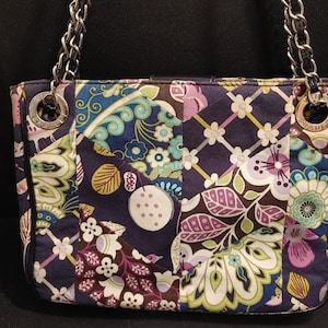 Vera Bradley Quilted Hand Bag Purse Tote - Navy Background, Silver Links w/ Navy Ribbon Double Chain strap, Floral Pattern Snap Close