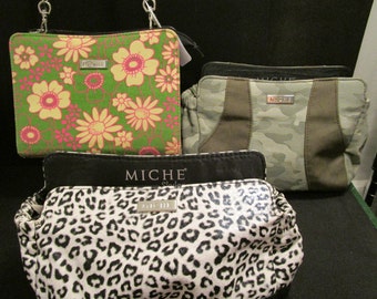 Miche Bag - Black Base w/ Leather & Chain Strap w/ 3 Shells:  Floral, Camouflage (Gabby) and Black/White Snow Leopard Print (Skylar)