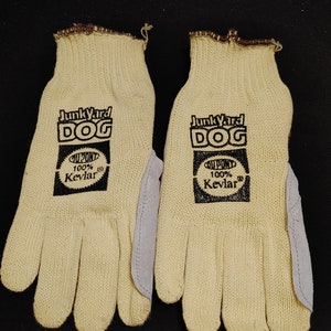 New NU Junk Yard Dog Gloves - Dupont 100% Kevlar, Yellow w/ Gray Leather Palm, Work / Garden