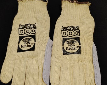 New NU Junk Yard Dog Gloves - Dupont 100% Kevlar, Yellow w/ Gray Leather Palm, Work / Garden