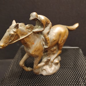 Vtg Miniature Cast Bronze Racing Horse w/ Jockey Rider