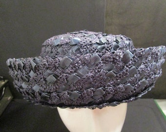 1950s Eva Mae Navy Blue Hat w/ Interwoven Ribbon