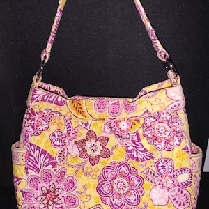 Vera Bradley Quilted Hand Bag Purse Tote Satchel- Yellow Background, White Brown, Pink, Magenta Floral Design, Single Handle, Magnetic Close