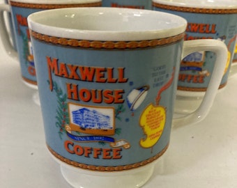 1970s Maxwell House "Good to the Last Drop" Porcelain Pedestal Coffee Mugs w Handle- Set of 6