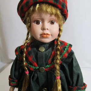 Vintage Kingstate Doll Crafters Cathay Collection Porcelain Doll - Tartan Outfit w rainboots, hat and metal stand